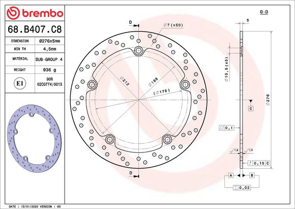 Brembo Serie Oro Fixed Rear Brake Disc - 68.B407.C8