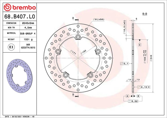 Brembo Serie Oro Fixed Rear Brake Disc - 68.B407.L0
