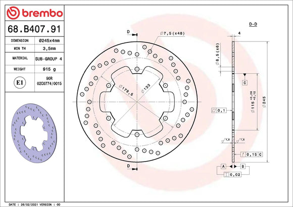 Brembo Serie Oro Fixed Rear Brake Disc - 68.B407.91