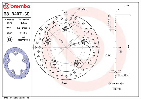 Brembo Serie Oro Fixed Rear Brake Disc - 68.B407.G9