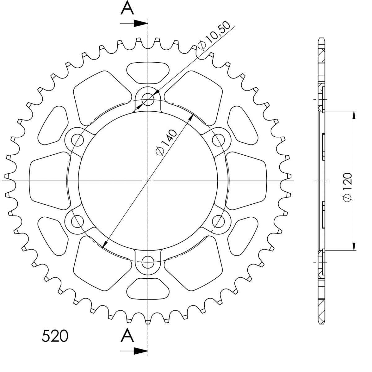 Supersprox Aluminium Rear Sprocket RAL-1490 - 520 Pitch (520, 120mm Centre, 140mm PCD - Dymag Wheels)