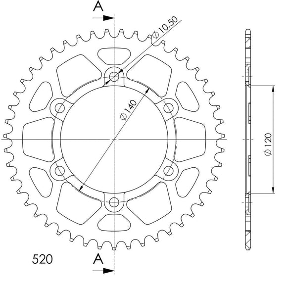 Supersprox Aluminium Rear Sprocket RAL-1490 - 520 Pitch (520, 120mm Centre, 140mm PCD - Dymag Wheels)