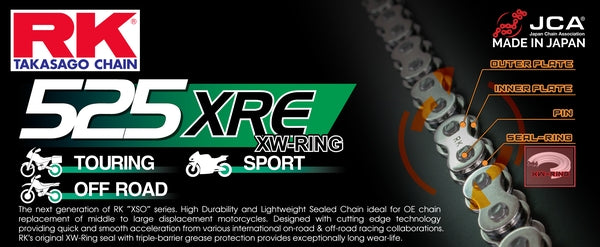RK 525 XRE XW-Ring Chain 118 Links Choice of Colour - Recommended 400-1000cc