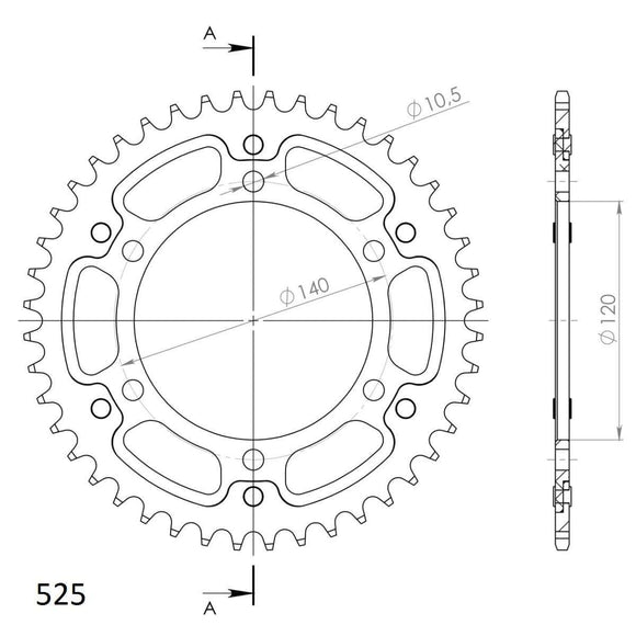 Supersprox Stealth 525 Pitch Rear Sprocket RST-498:44 - (525, 120mm Centre, 140mm PCD - Dymag Wheels)